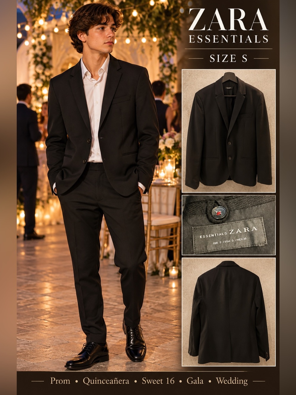 Zara Essentials Black Man's Blazer size S Two-Button TailoredFormal Prom weeding